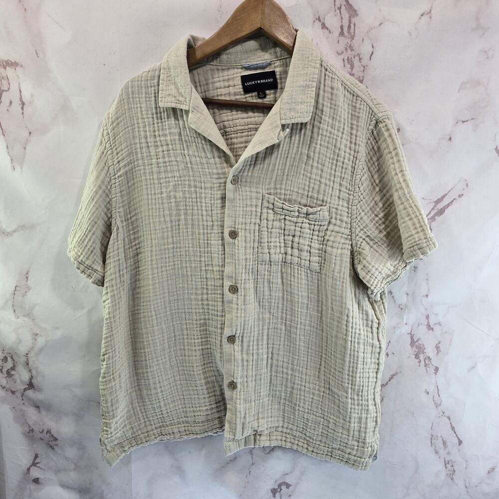 Lucky Brand Shirt Mens Large Beige Gauze Short Sleeve Button Camp Loop Crinkle